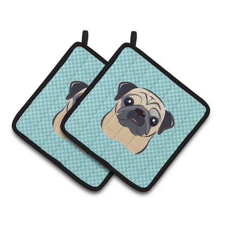 Carolines Treasures Checkerboard Blue Fawn Pug Pair of Pot Holders, 7.5 x 3 x 7.5 in. BB1200PTHD